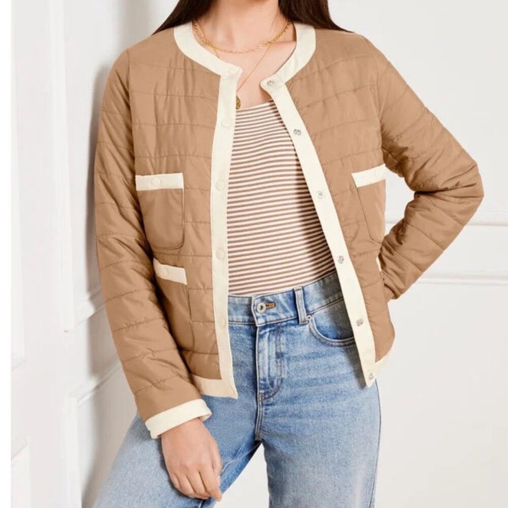 Talbots Quilted Puffer Lady Jacket In Rattan Tan Ivory White Medium $209